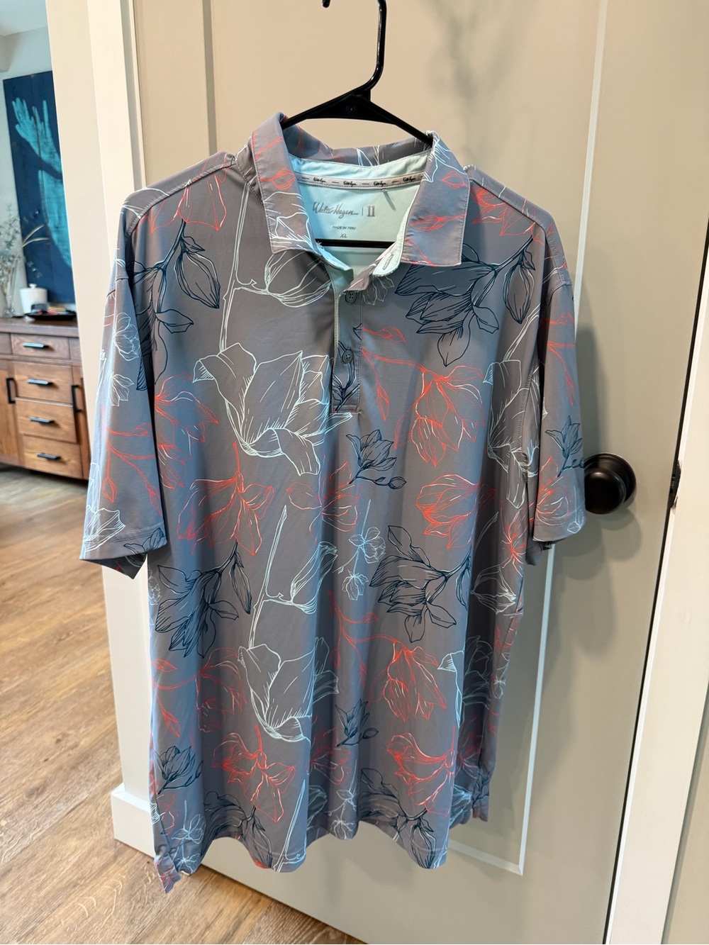 Walter Hagen Gray Polo with Blue and Coral Floral Outline
